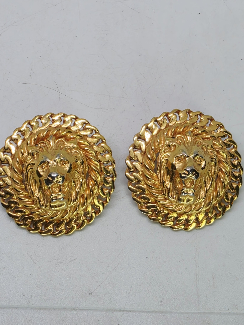 Vintage Anne Klein Lion Head Post Earrings Rope Chain Large Gold Statement Round
